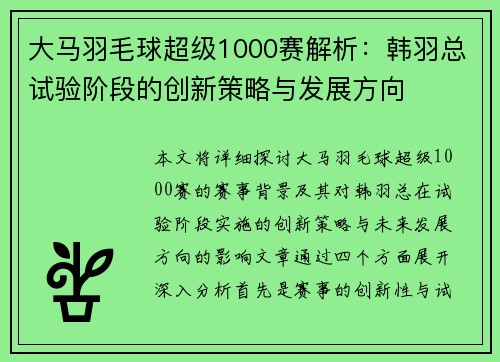 大马羽毛球超级1000赛解析：韩羽总试验阶段的创新策略与发展方向