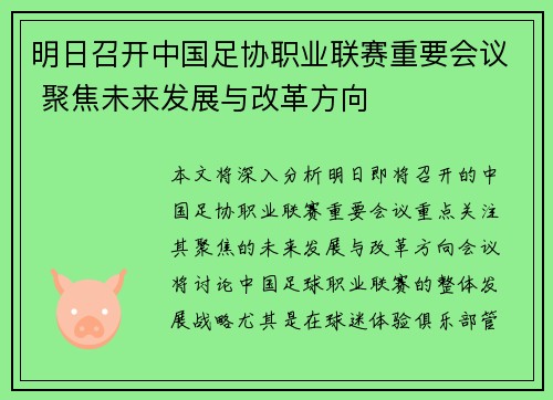 明日召开中国足协职业联赛重要会议 聚焦未来发展与改革方向