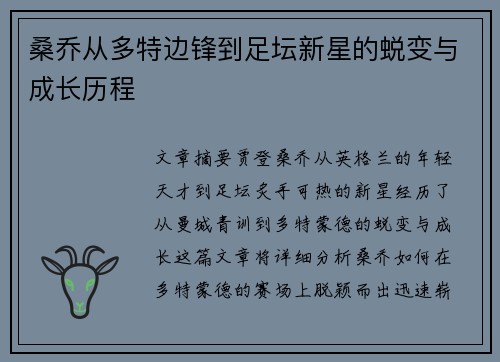 桑乔从多特边锋到足坛新星的蜕变与成长历程