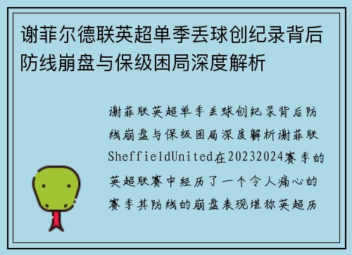 谢菲尔德联英超单季丢球创纪录背后防线崩盘与保级困局深度解析 谢菲尔德联英超单季丢球创纪录背后防线崩盘与保级困局深度解析